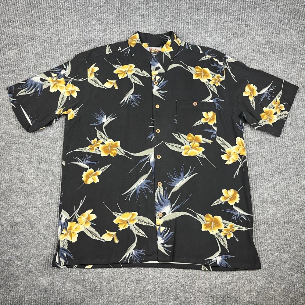 Paradise Coves Aloha Shirt Mens L Silk Bird of Paradise Hibiscus Hawaiian Resort